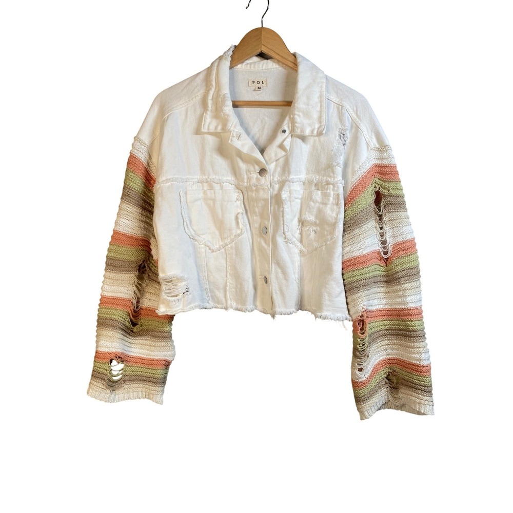 POL Cropped Denim Jacket Womens Medium‎ Distressed Knit Crochet Boho Shabby